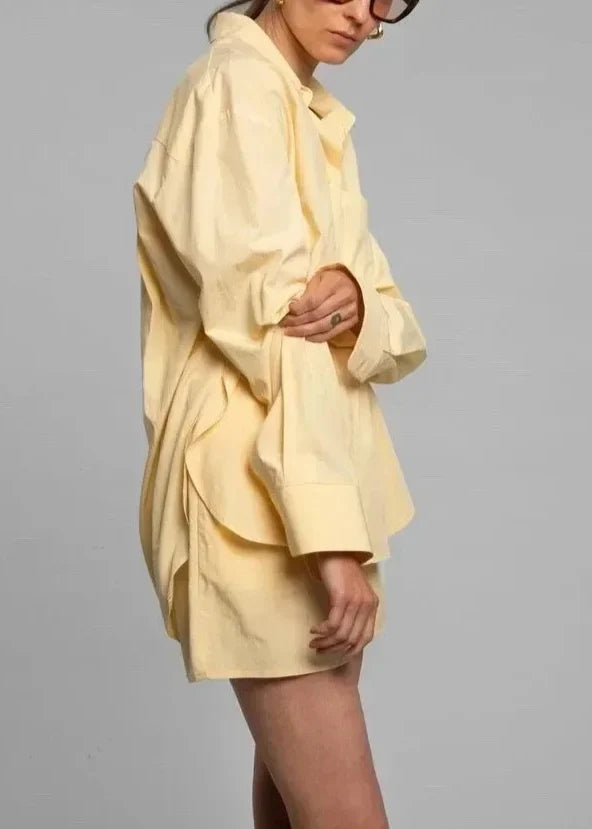 Cotton Poplin Two-Piece Set with Oversized Button-Down Shirt and Matching Shorts in Brown