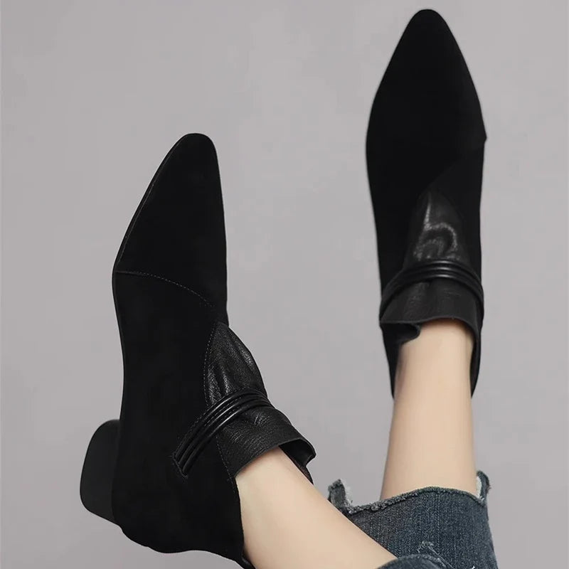 Suede Ankle Boots with Pointed Toe, Side Zip and Low Heel, Women's Vivienne