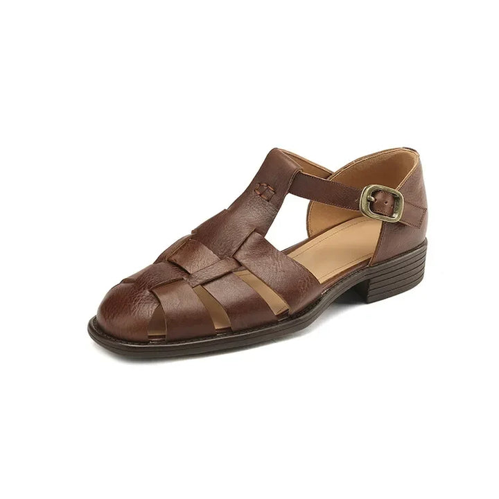 Handwoven Leather Sandals with Adjustable T-Strap Buckle and Low Stacked Heel