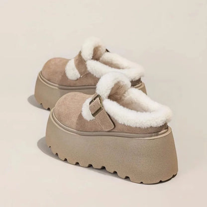 Suede Platform Clogs with Shearling Lining, Adjustable Buckle Strap and Cushioned Sole