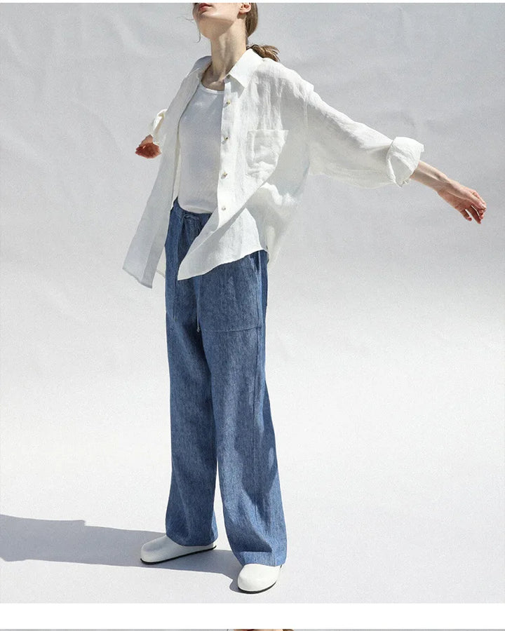 Linen Blouse in Oversized Fit with Turn-Down Collar, 100% Linen Long Sleeve Top for Women