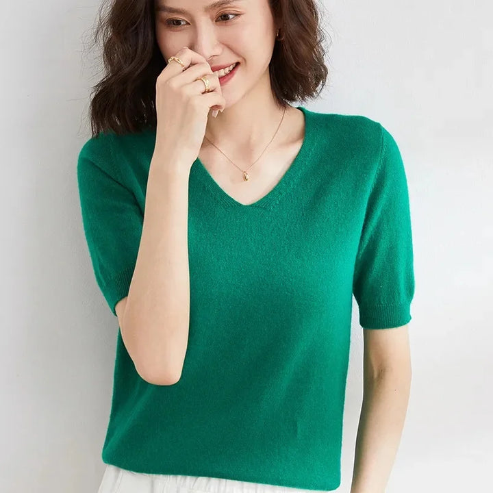 V-Neck Knit Top in Soft Merino Wool Blend with Relaxed Shape-Holding Fit, Khaki