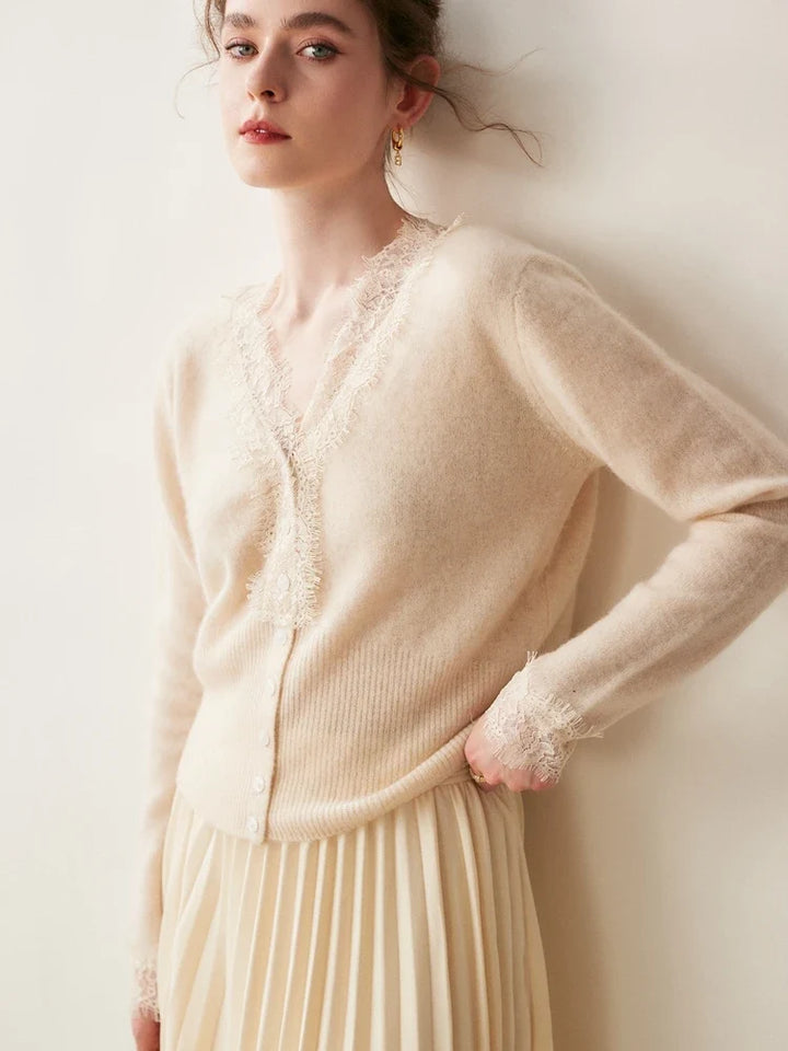 Cashmere Cardigan with Lace-Trim Detail and Relaxed Knit Fit in Khaki