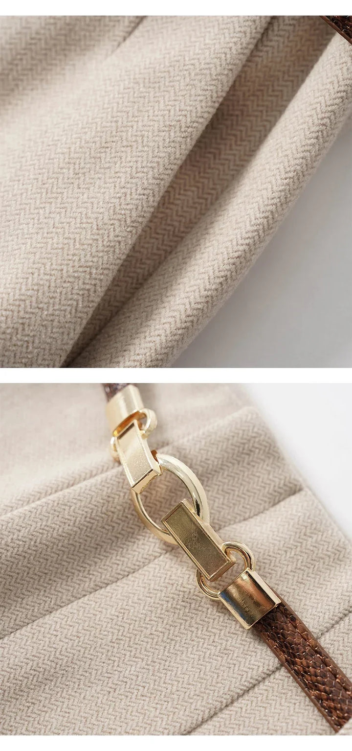 Wide Leg Wool Blend Trousers with High-Waist Fit, Tailored Crease, and Matching Belt