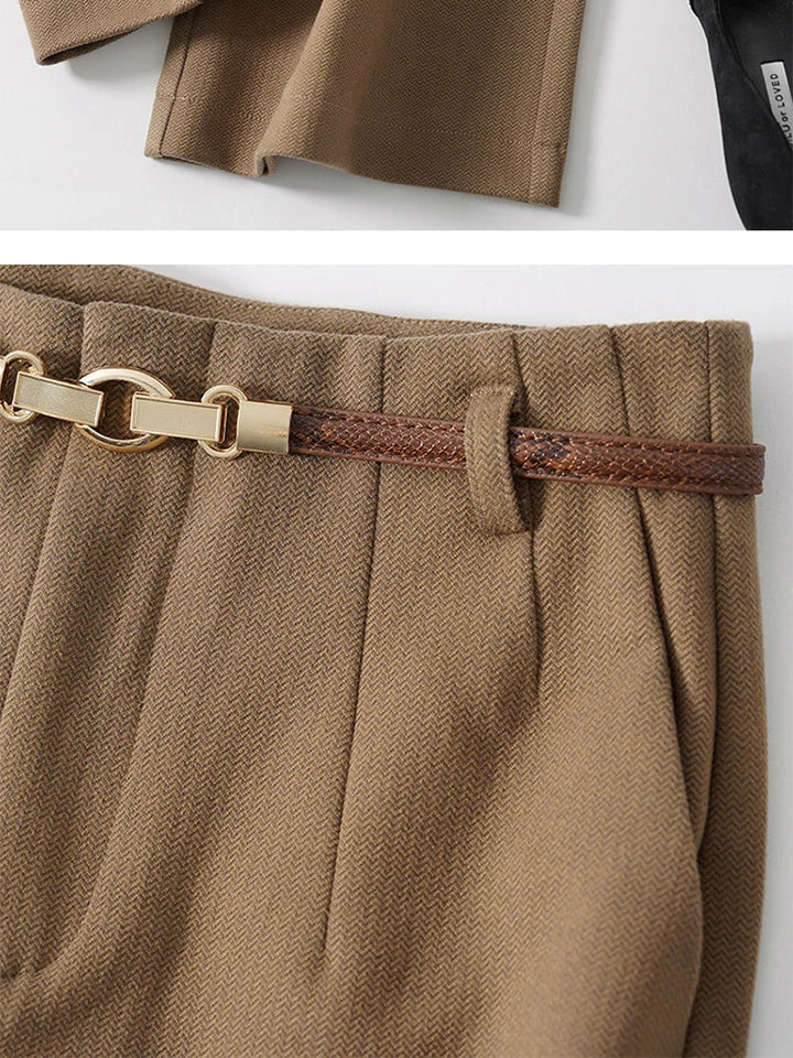 Wide Leg Wool Blend Trousers with High-Waist Fit, Tailored Crease, and Matching Belt