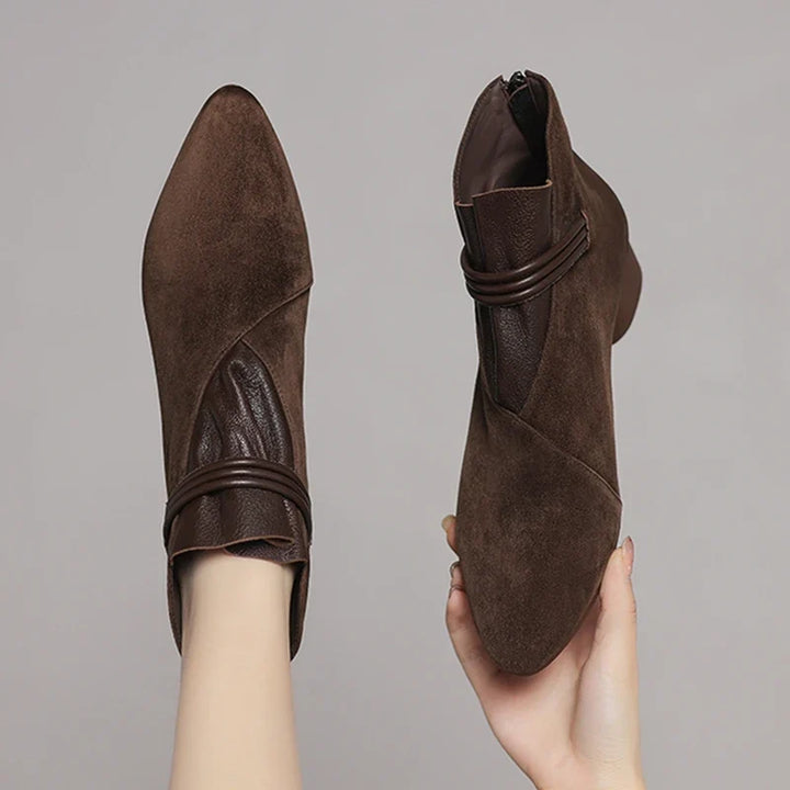 Suede Ankle Boots with Pointed Toe, Side Zip and Low Heel, Women's Vivienne