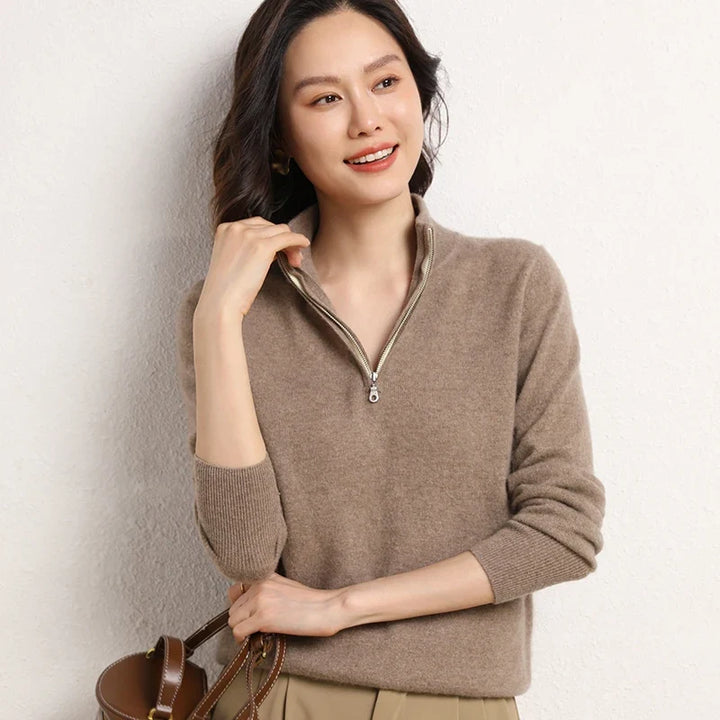 Cashmere Half-Zip Pullover Sweater with Stand-Up Collar, Standard Fit, Beige