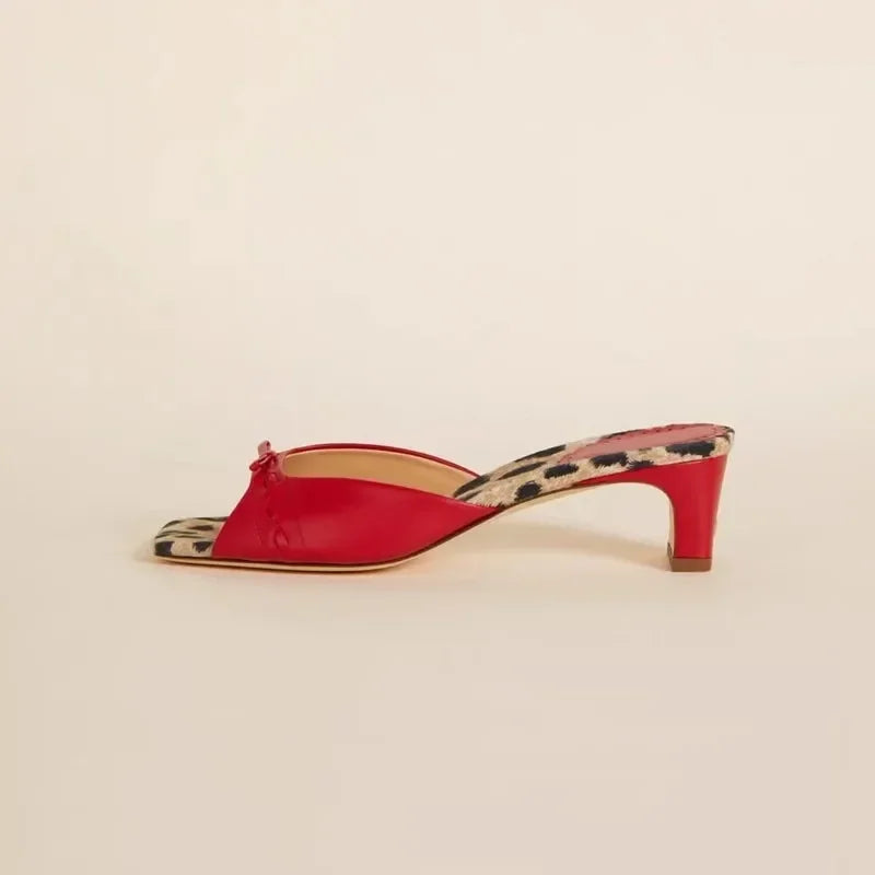 Square-Toe Heel Mules with Gingham Check Insole and Bow Detail in Brown