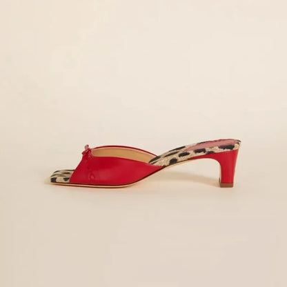 Square-Toe Heel Mules with Gingham Check Insole and Bow Detail in Brown