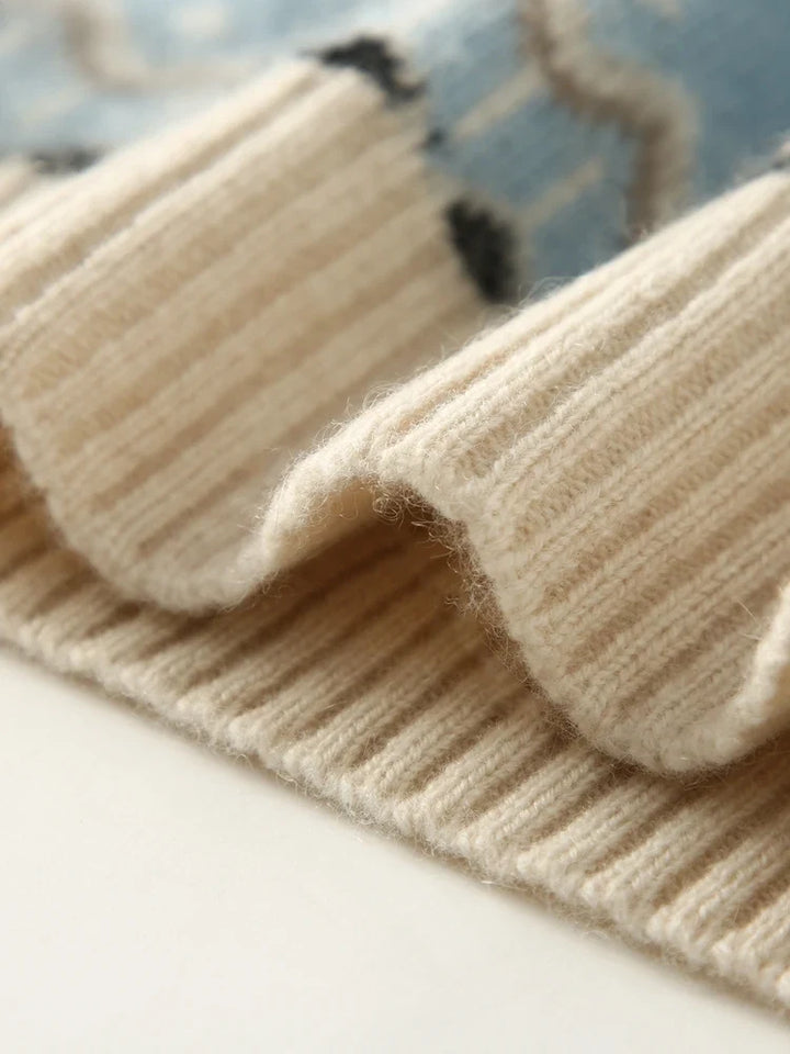 Fair Isle Jacquard Mock Neck Sweater in Cashmere-Soft Knit, Camel Colorway
