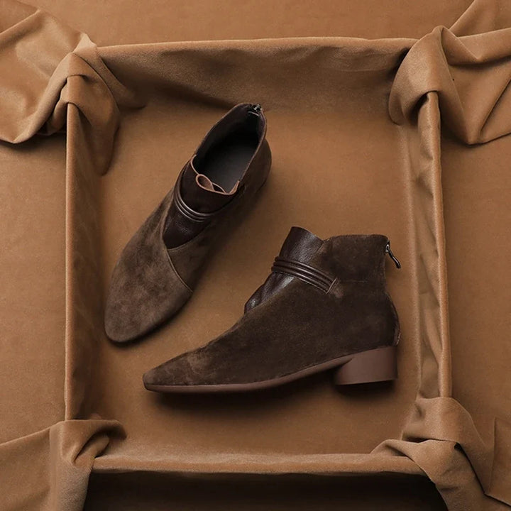 Suede Ankle Boots with Pointed Toe, Side Zip and Low Heel, Women's Vivienne