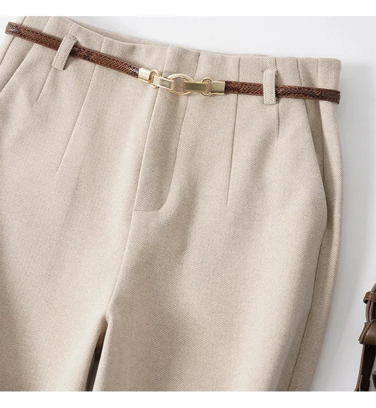 Wide Leg Wool Blend Trousers with High-Waist Fit, Tailored Crease, and Matching Belt