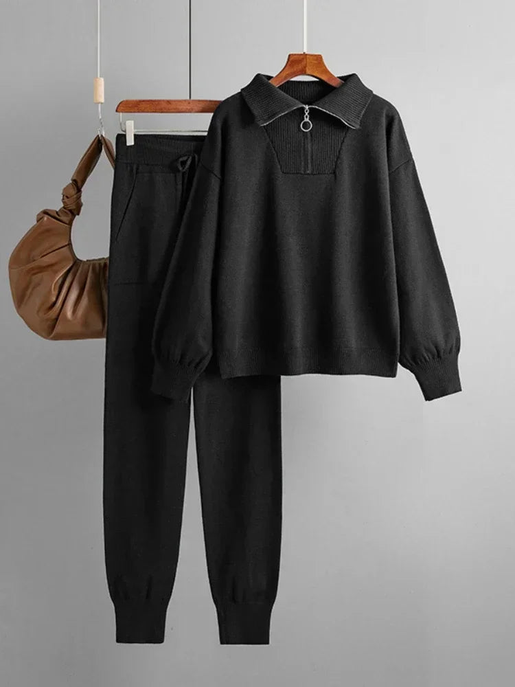 Half-Zip Knit Two-Piece Lounge Set with Elastic-Waist Pants and Soft Ribbed Texture in Peach