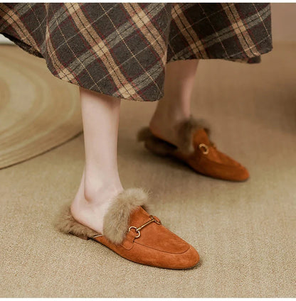 Fur-Lined Suede Mule Slippers with Genuine Lamb and Rabbit Fur Lining and Gold-Tone Hardware
