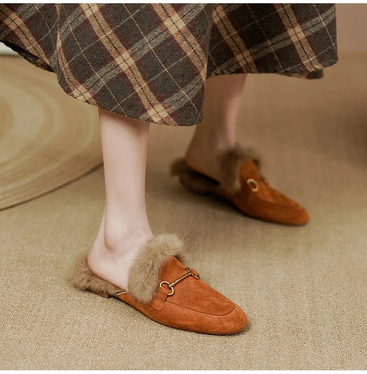 Fur-Lined Suede Mule Slippers with Premium Lamb and Rabbit Fur Lining and Gold-Tone Hardware
