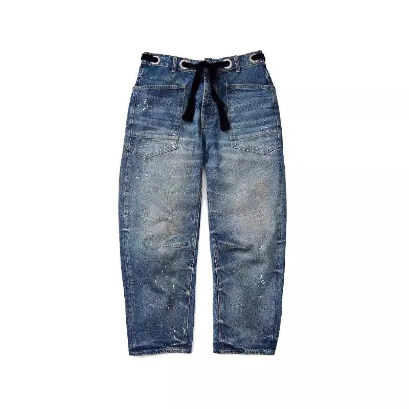 Utility Jeans with Paint-Speckled Wash, Rope Drawcord Waist, and 100% Cotton Denim