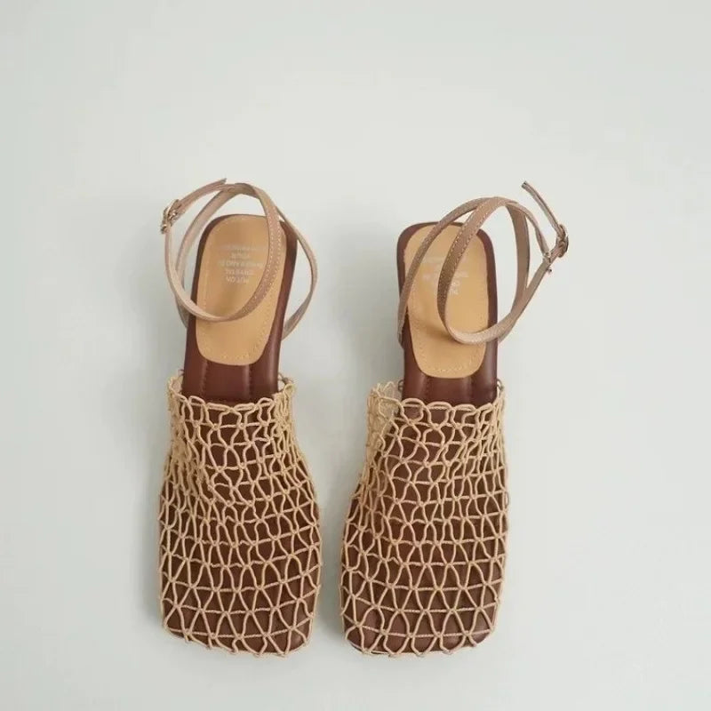 Braided Mesh Heeled Sandals with Square Toe and Ankle Strap, Women's Fallon