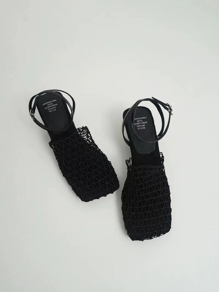 Braided Mesh Heeled Sandals with Square Toe and Ankle Strap, Women's Fallon