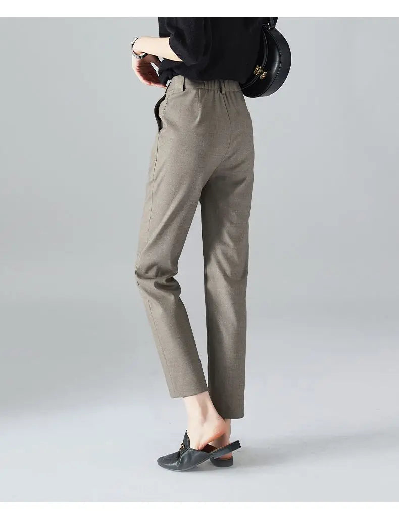 High-Waist Trousers with Elastic Waistband, Ankle-Length Slim Tailored Fit in Gray