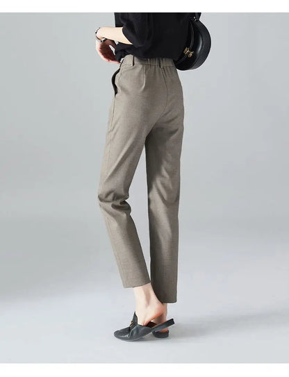 High-Waist Trousers with Elastic Waistband, Ankle-Length Slim Tailored Fit in Gray