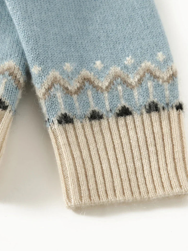 Fair Isle Jacquard Mock Neck Sweater in Cashmere-Soft Knit, Camel Colorway