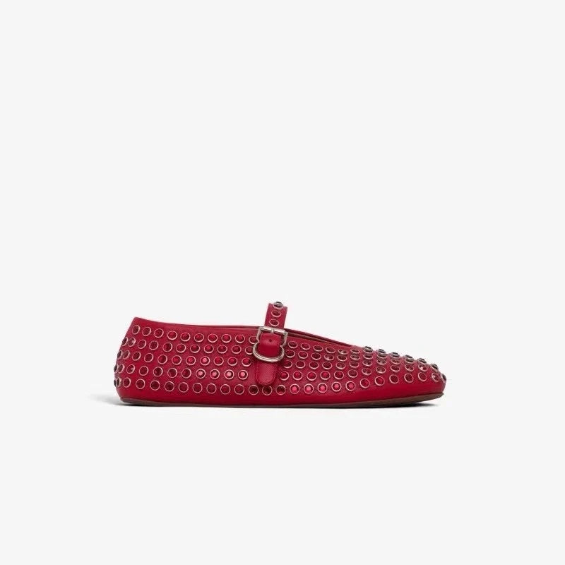 Mary Jane Flats with Crystal-Studded Leather Upper and Adjustable Ankle Strap
