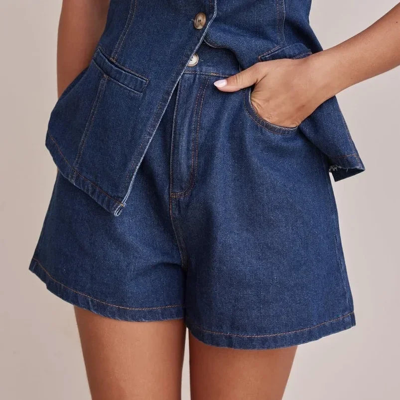 Denim Vest and Wide-Leg Shorts Set with Tortoise Buttons and High-Rise Cinched Waist