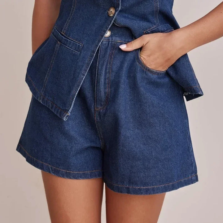 Denim Vest and Wide-Leg Shorts Set with Tortoise Buttons and High-Rise Cinched Waist