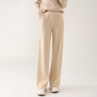 Wide-Leg Pants in 100% Merino Wool with High-Waist Elastic Fit and Side Pockets