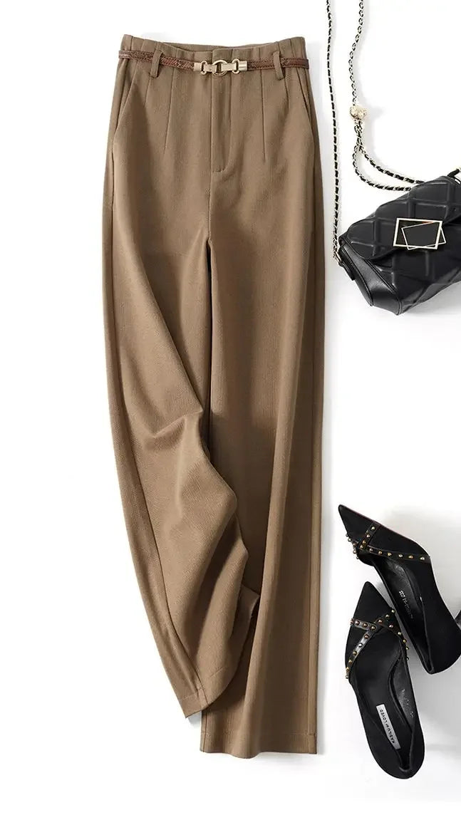 Wide Leg Wool Blend Trousers with High-Waist Fit, Tailored Crease, and Matching Belt
