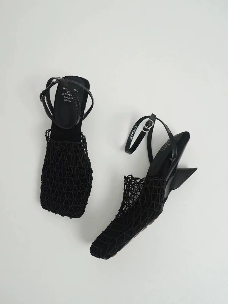 Braided Mesh Heeled Sandals with Square Toe and Ankle Strap, Women's Fallon