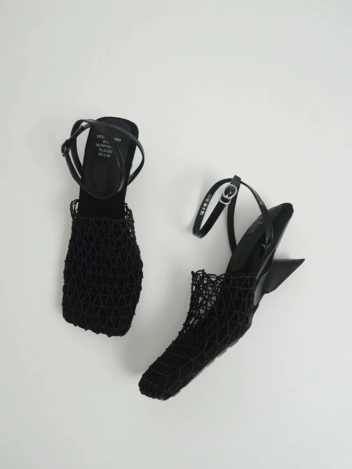 Braided Mesh Heeled Sandals with Square Toe and Ankle Strap, Women's Fallon