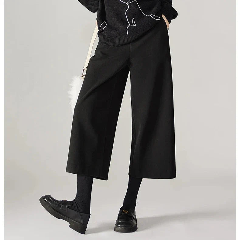 Wide Leg Wool Blend Pants with High-Waist Elastic Design and Ankle-Length Fit