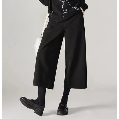Wide Leg Wool Blend Pants with High-Waist Elastic Design and Ankle-Length Fit