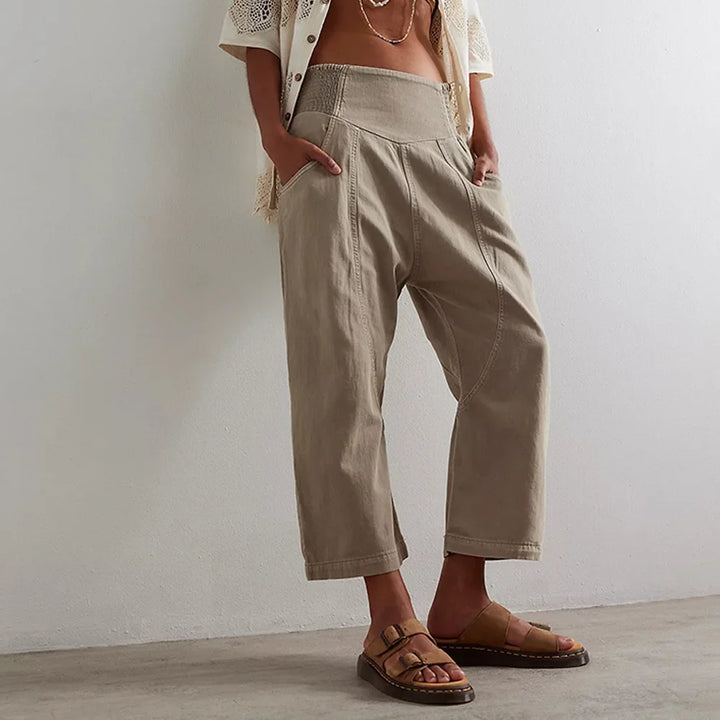 Wide Leg Harem Pants in Cotton-Linen Blend with Washed Denim Look and Curved Seam Design