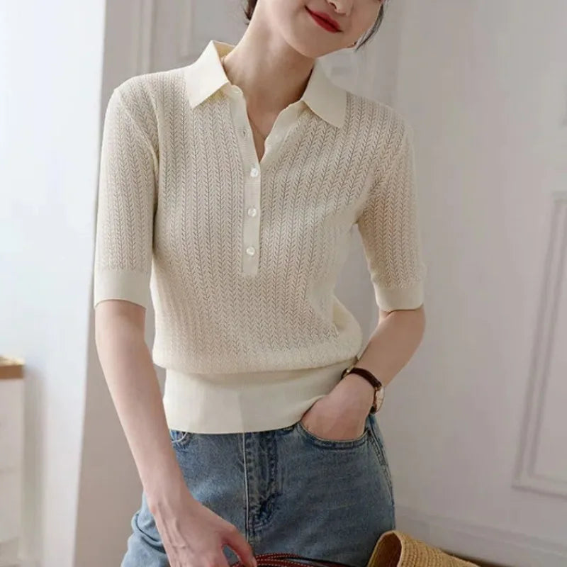 Ribbed Knit Polo Blouse with Button Collar and Breathable Stretch Fabric in Yellow