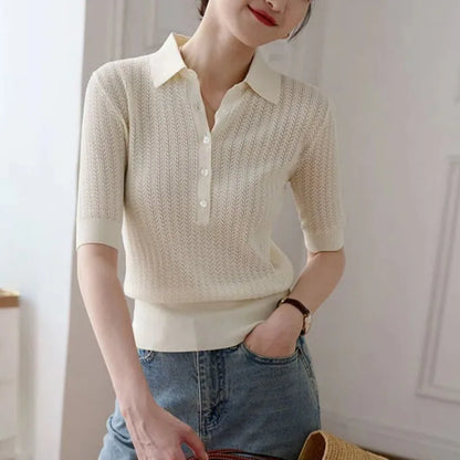 Ribbed Knit Polo Blouse with Button Collar and Breathable Stretch Fabric in Yellow