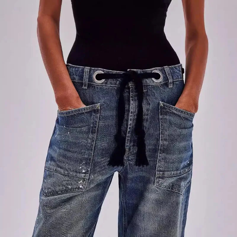 Utility Jeans with Paint-Speckled Wash, Rope Drawcord Waist, and 100% Cotton Denim