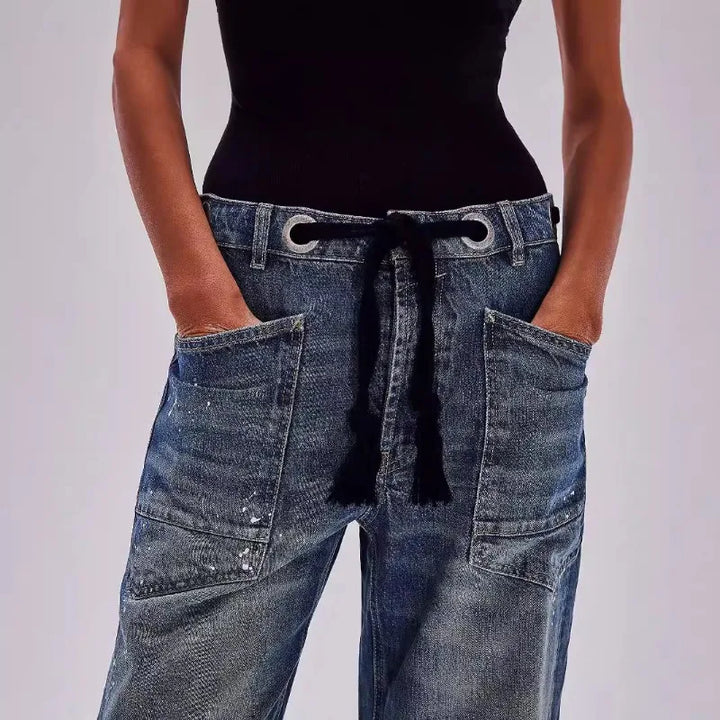 Utility Jeans with Paint-Speckled Wash, Rope Drawcord Waist, and 100% Cotton Denim