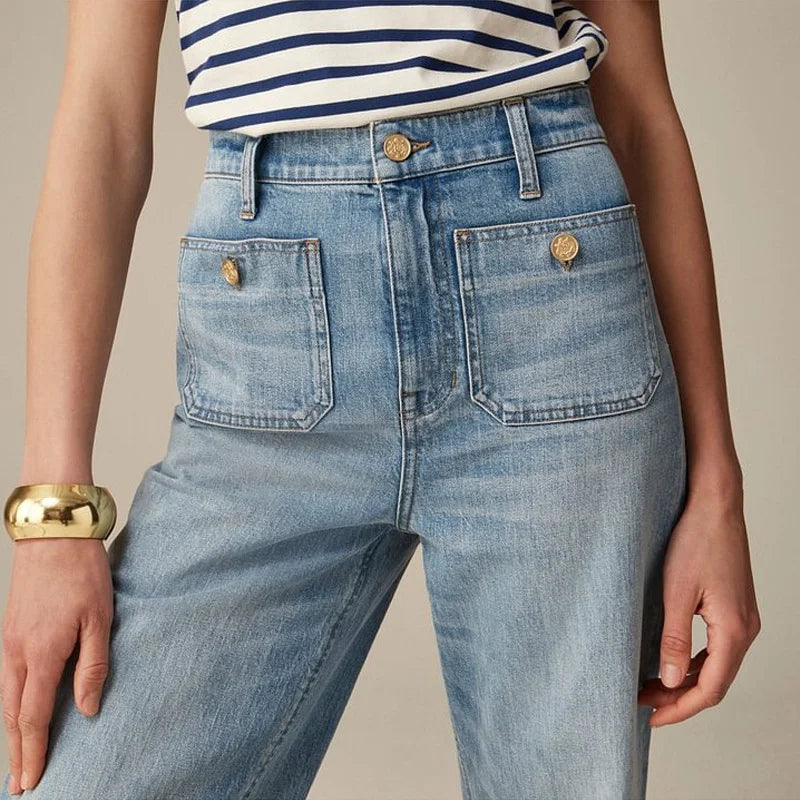 Wide-Leg Jeans with Front Button Pockets, High-Waisted Cypress Cotton Denim