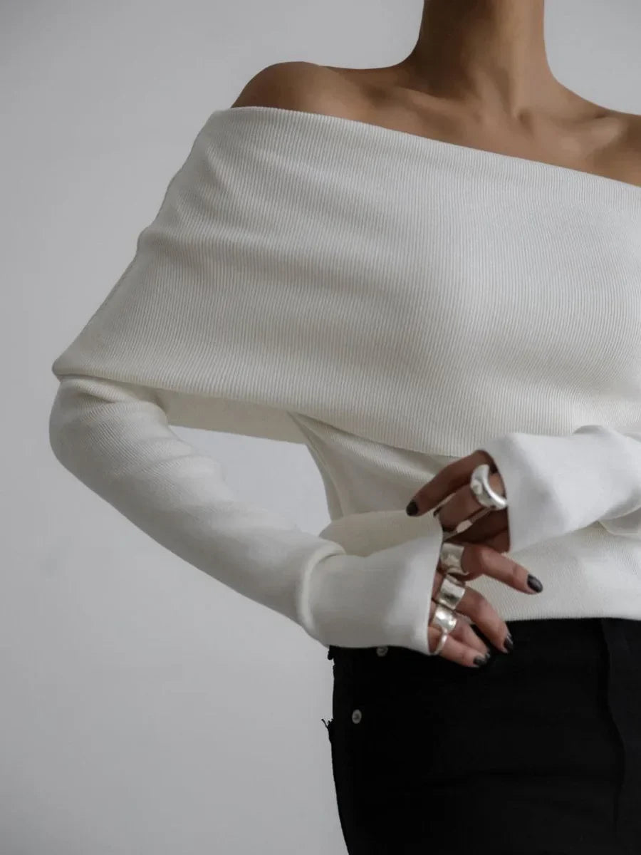 Off-Shoulder Sweater Top with Hand-Knitted Texture and Slim, Body-Skimming Fit