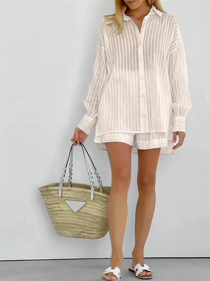 Button-Down Shirt and Shorts Set with Relaxed Oversized Fit in Lightweight Cotton-Blend Fabric