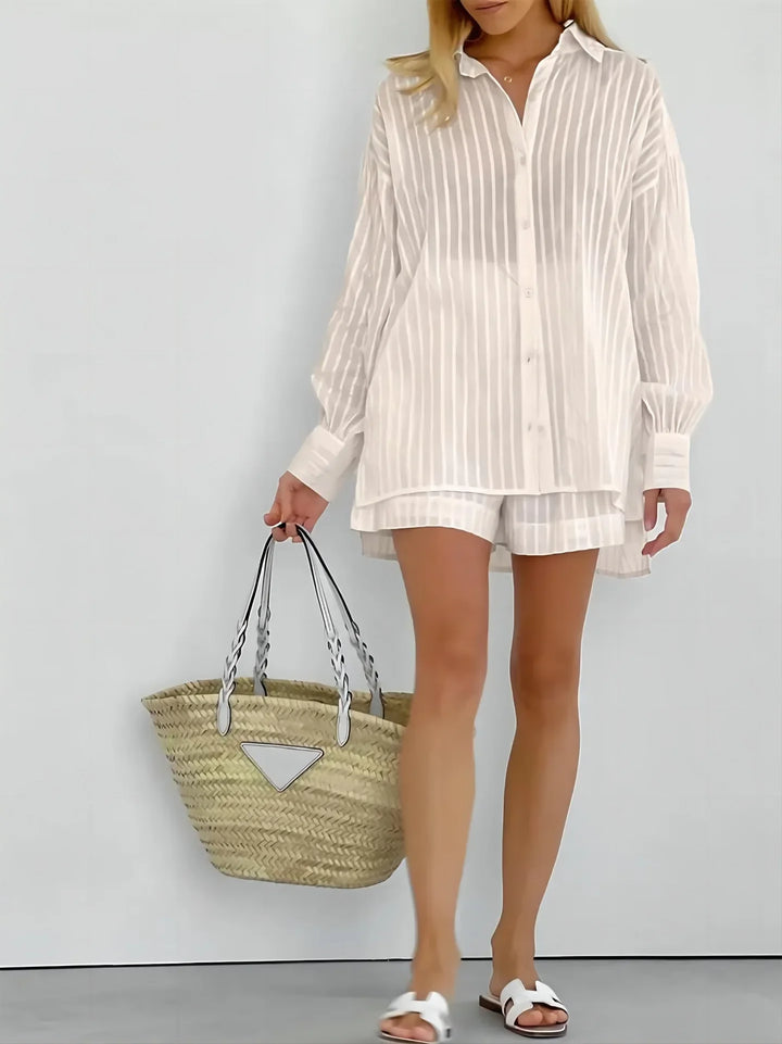 Button-Down Shirt and Shorts Set with Relaxed Oversized Fit in Lightweight Cotton-Blend Fabric