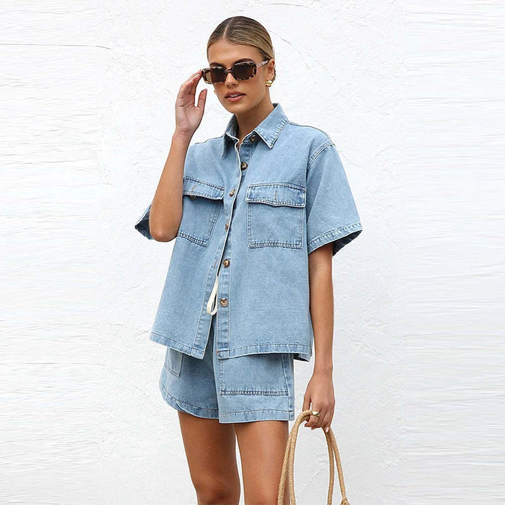 Button-Down Shirt and Drawstring Shorts 2-Piece Denim Set in Organic Cotton Blend with Elastic Waist