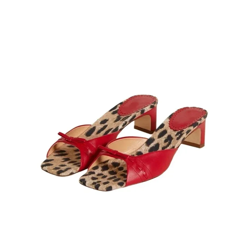 Square-Toe Heel Mules with Gingham Check Insole and Bow Detail in Brown