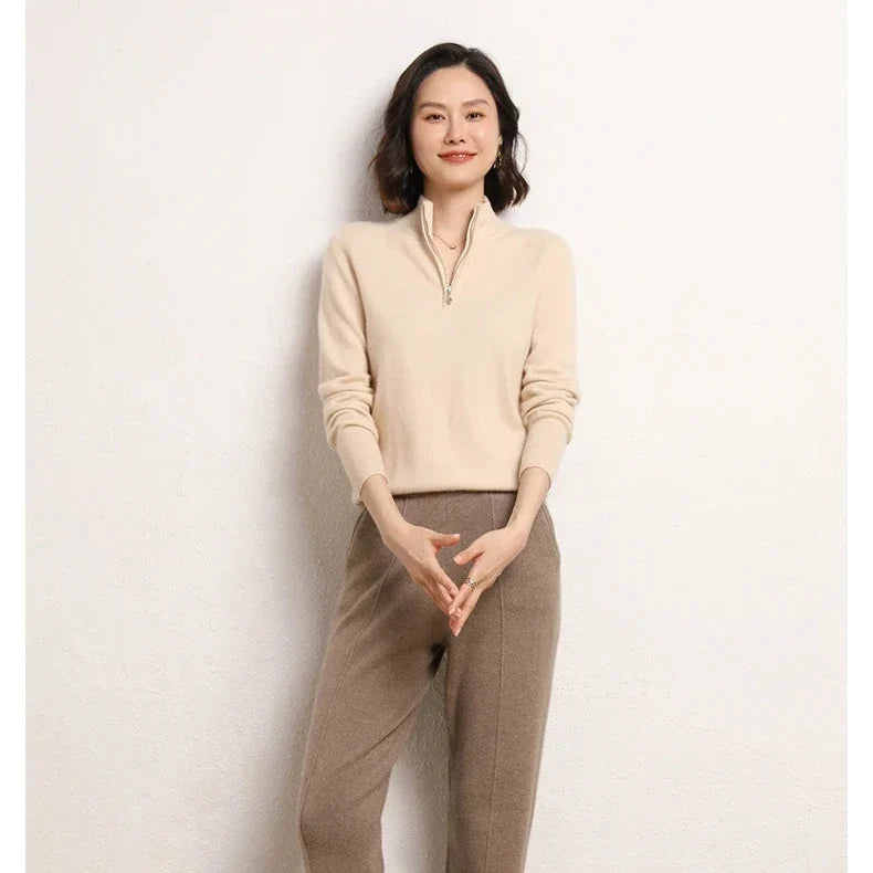 Cashmere Half-Zip Pullover Sweater with Stand-Up Collar, Standard Fit, Beige