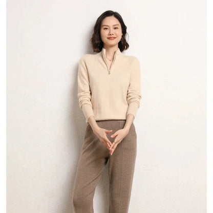 Cashmere Half-Zip Pullover Sweater with Stand-Up Collar, Standard Fit, Beige