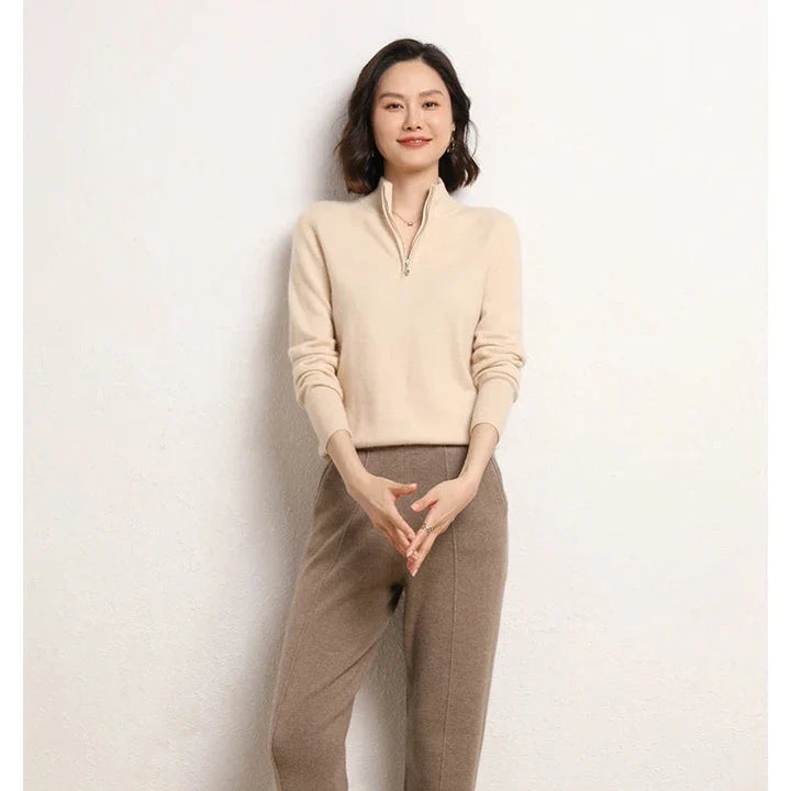 Cashmere Half-Zip Pullover Sweater with Stand-Up Collar, Standard Fit, Beige