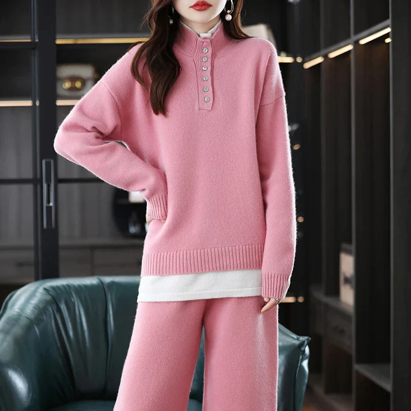 Cashmere Knit Set with Relaxed Pullover and Wide-Leg Trousers, Soft Green Two-Piece Loungewear