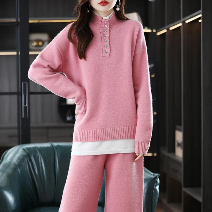 Cashmere Knit Set with Relaxed Pullover and Wide-Leg Trousers, Soft Green Two-Piece Loungewear
